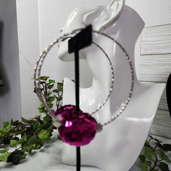 Large Silver Statement Hoop Earrings with Fuchsia Pink Sequin Disco Ball New - Picture 4 of 7
